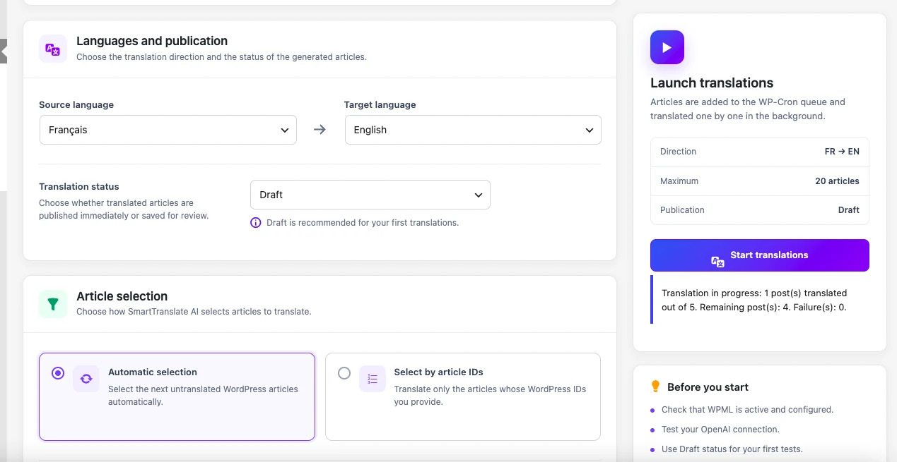 SmartTranslate AI translation settings